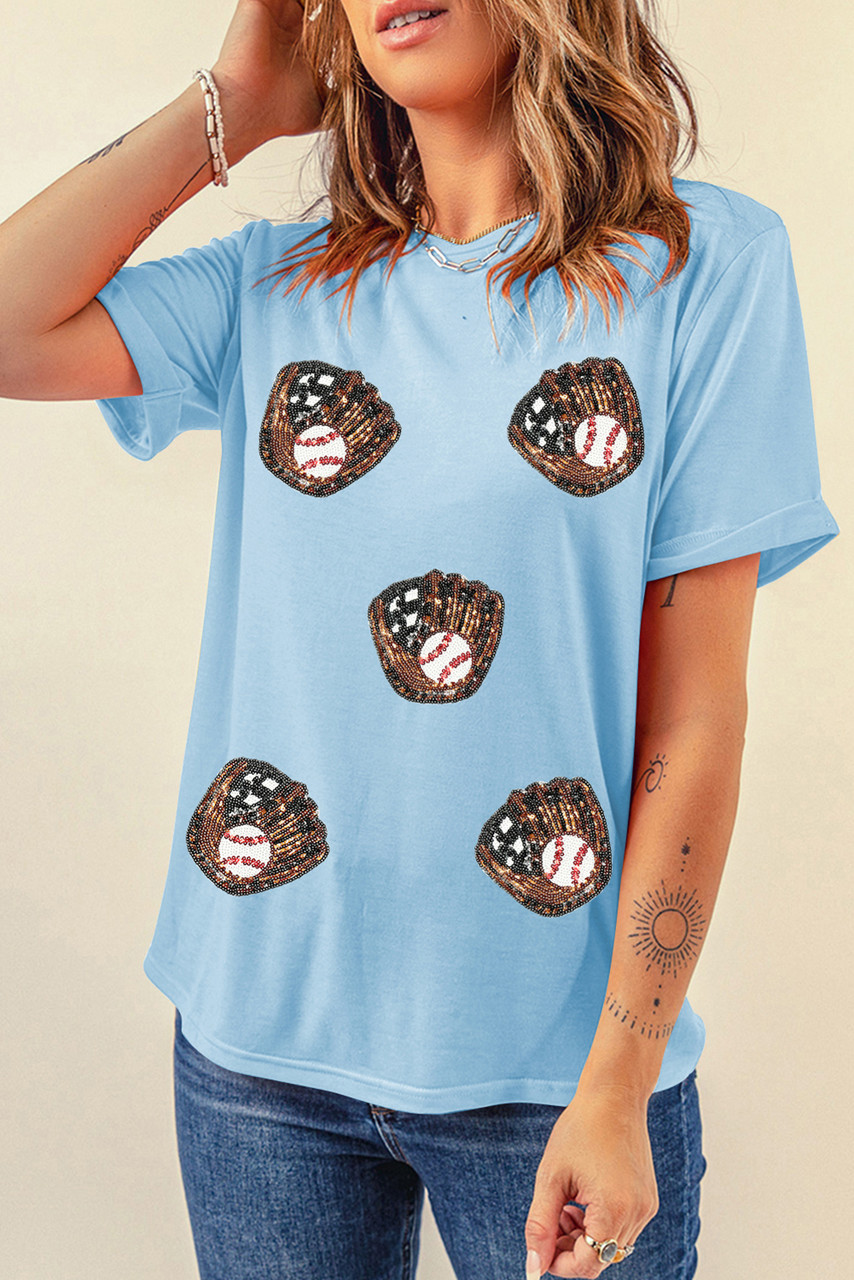 Light Blue Gopher Ball Sequin Patched Casual T Shirt