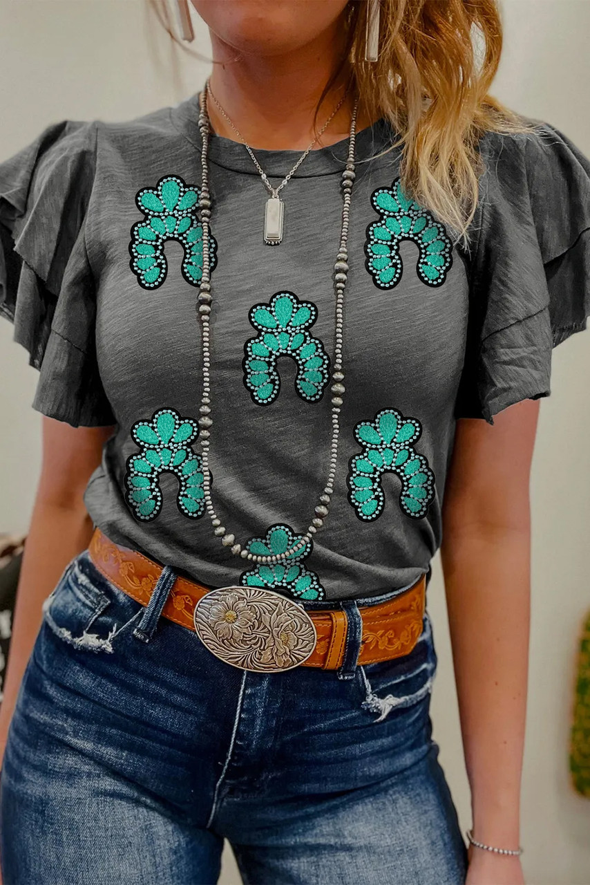 Dark Grey Sequin Turquoise Pattern Ruffle Sleeve Cowgirl Tee