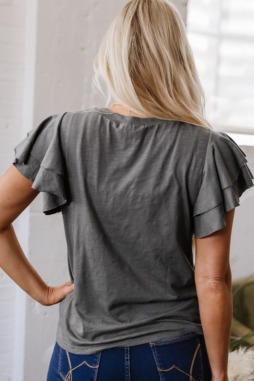 Dark Grey Sequin Turquoise Pattern Ruffle Sleeve Cowgirl Tee