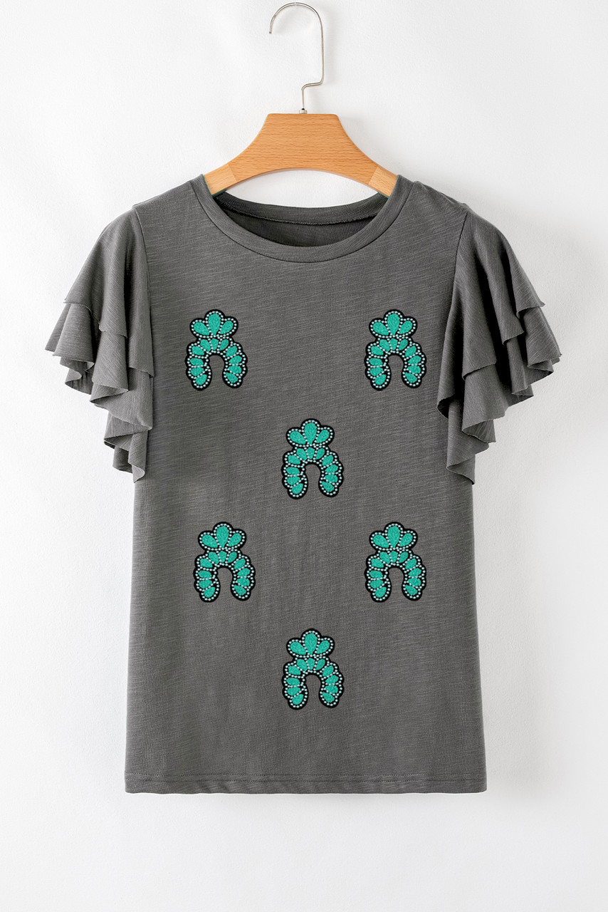 Dark Grey Sequin Turquoise Pattern Ruffle Sleeve Cowgirl Tee