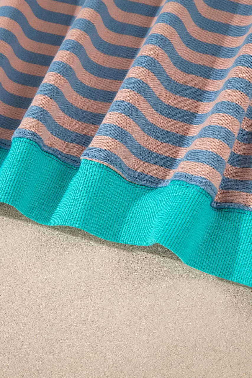 Racing Red Striped Contrast Ribbed Trim Crossed Stitch Drop Shoulder Sweatshirt