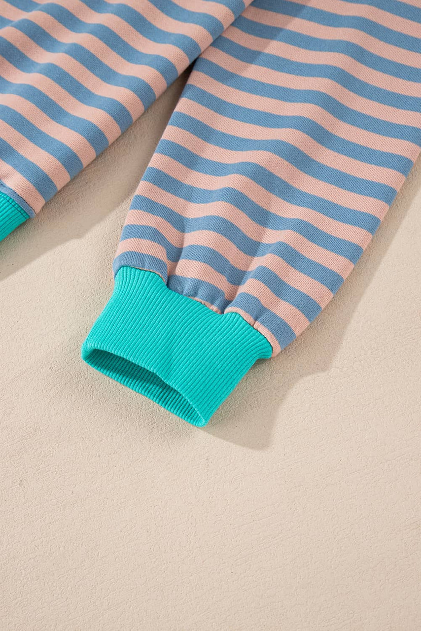 Racing Red Striped Contrast Ribbed Trim Crossed Stitch Drop Shoulder Sweatshirt