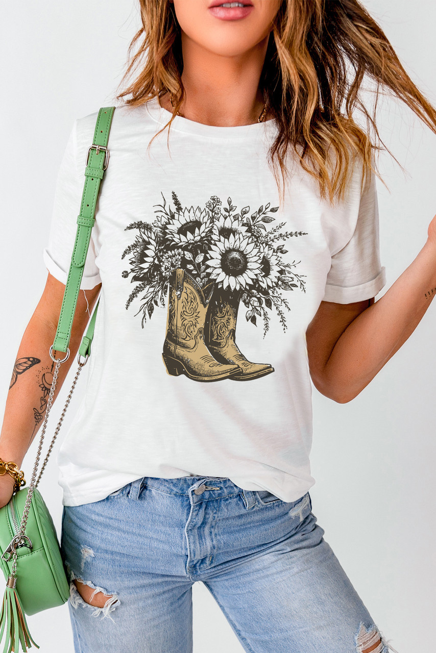 White Sunflower Cowgirl Boots Cotton Blend Graphic Tee