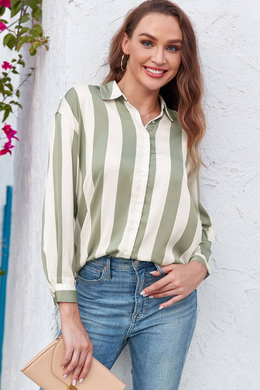 Green Striped Soft Relaxed Button Up Shirt