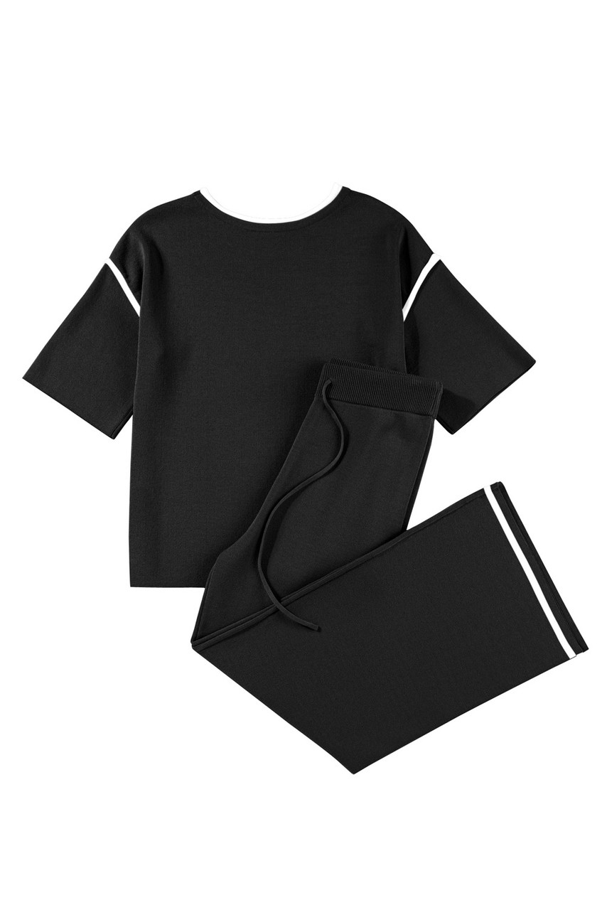 Black Contrast Trim Half Sleeve Top Drawstring Pants Loose 2pcs Sweater Suit