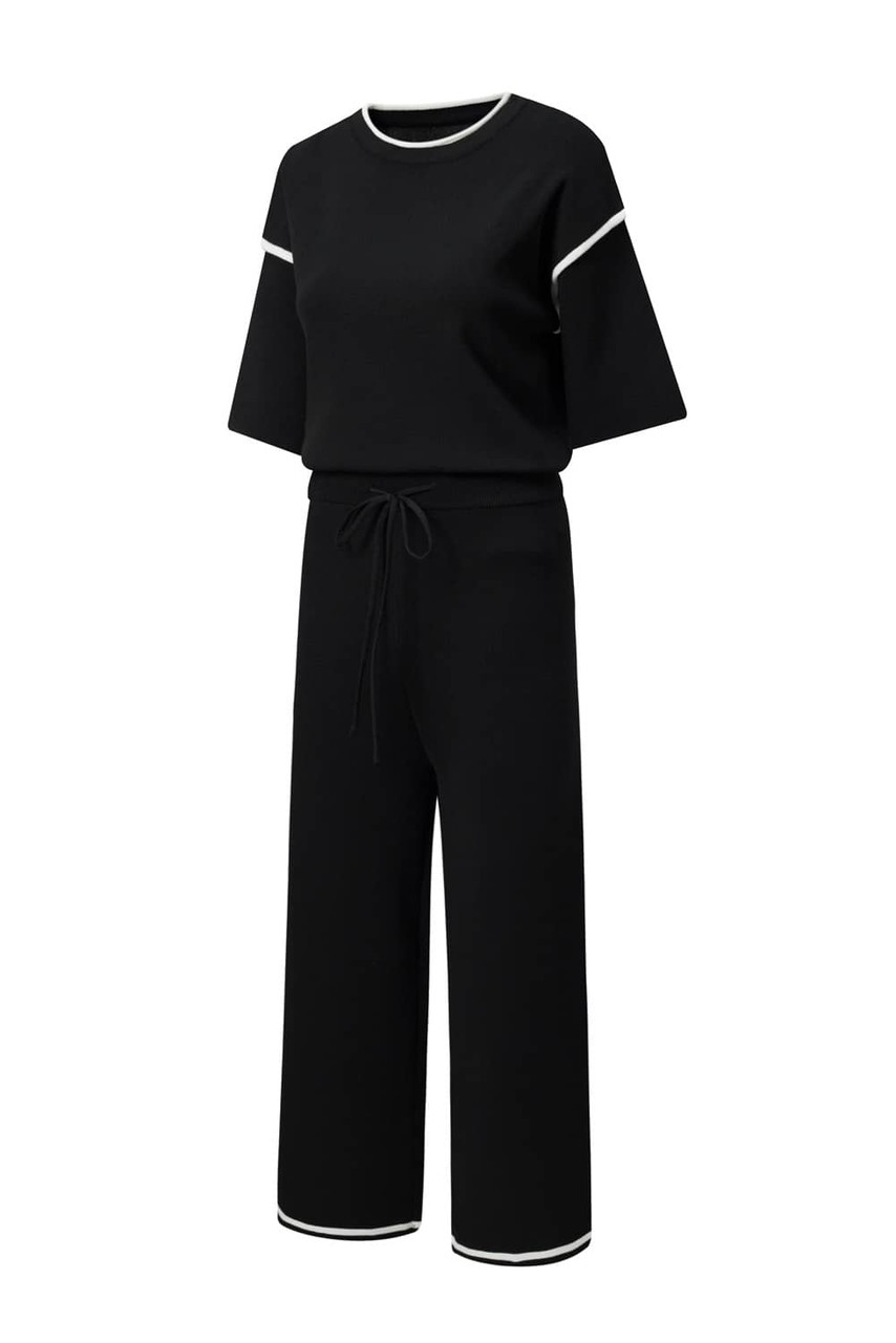 Black Contrast Trim Half Sleeve Top Drawstring Pants Loose 2pcs Sweater Suit