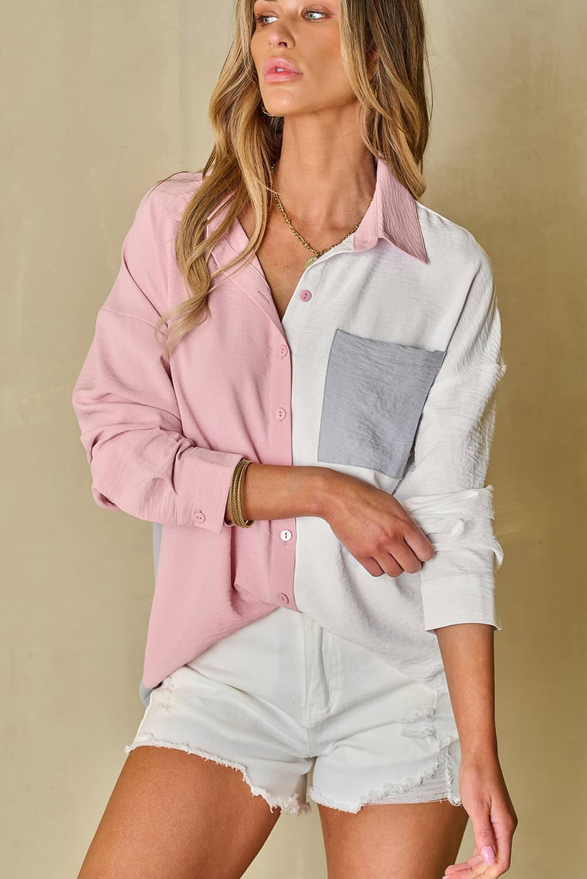 Dusty Pink Color Block/Pure Color Patch Pocket Shirt