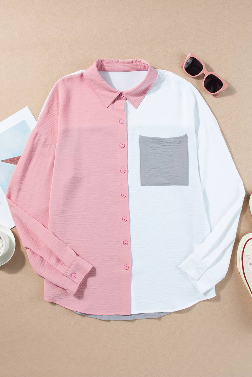 Dusty Pink Color Block/Pure Color Patch Pocket Shirt