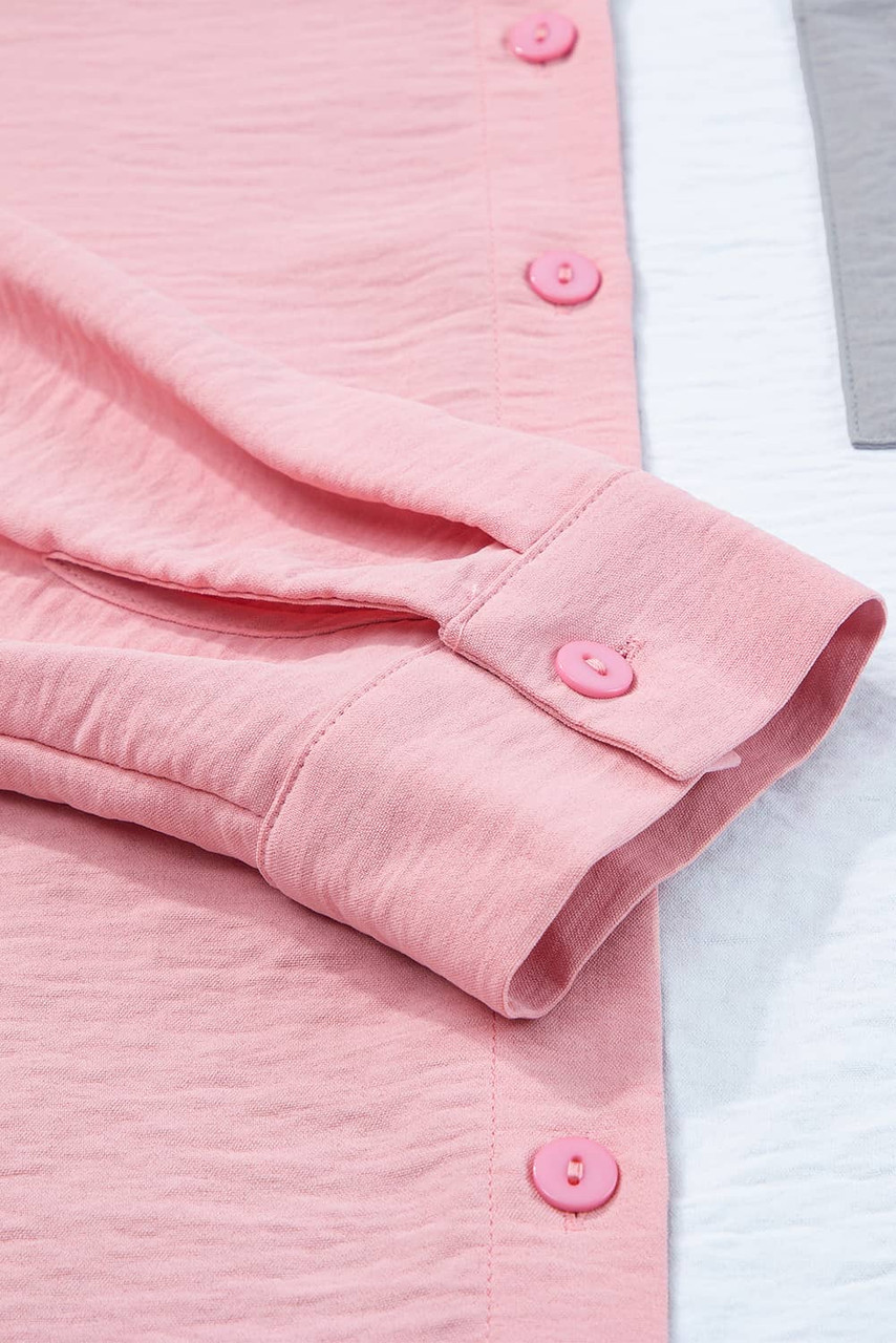 Dusty Pink Color Block/Pure Color Patch Pocket Shirt
