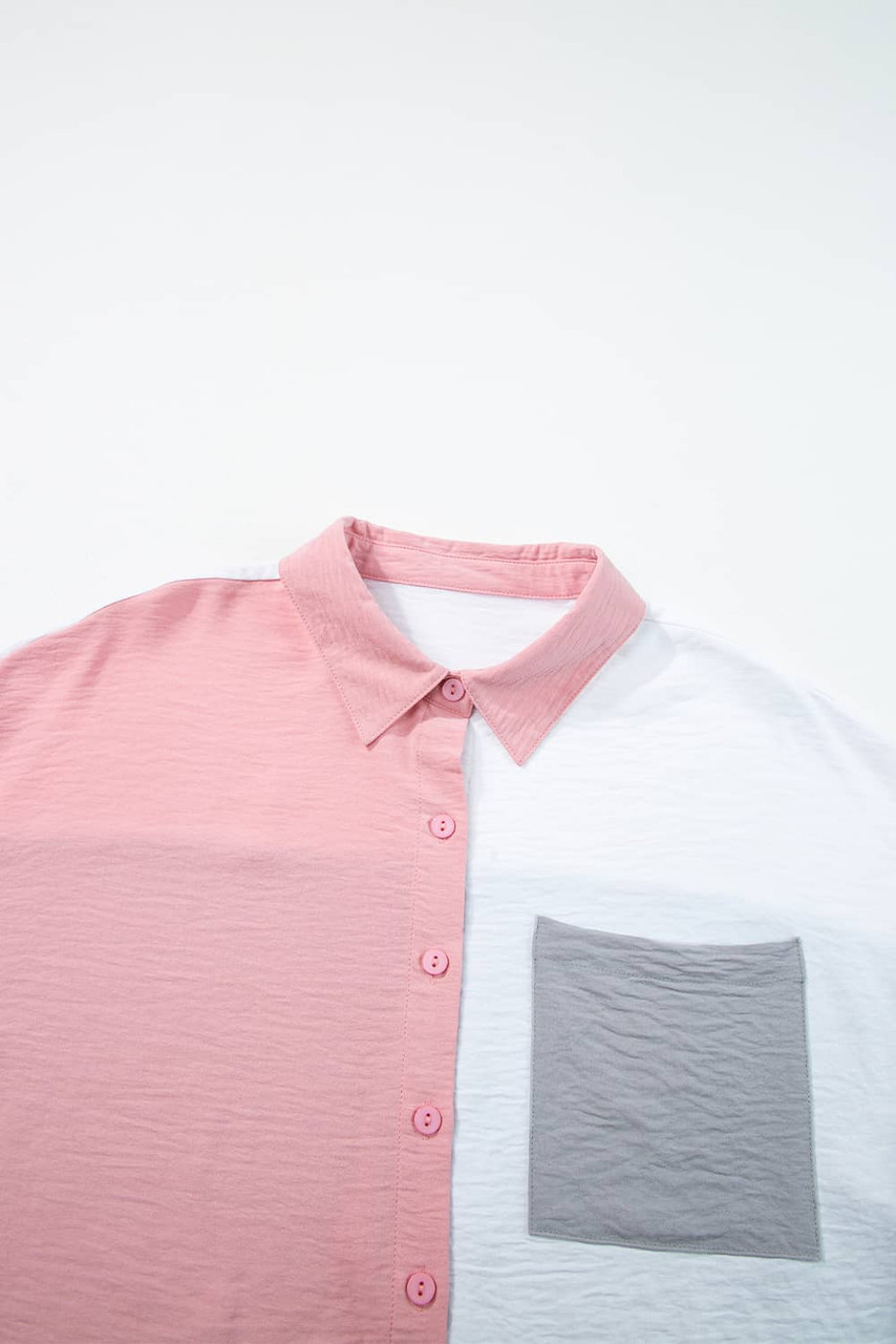 Dusty Pink Color Block/Pure Color Patch Pocket Shirt