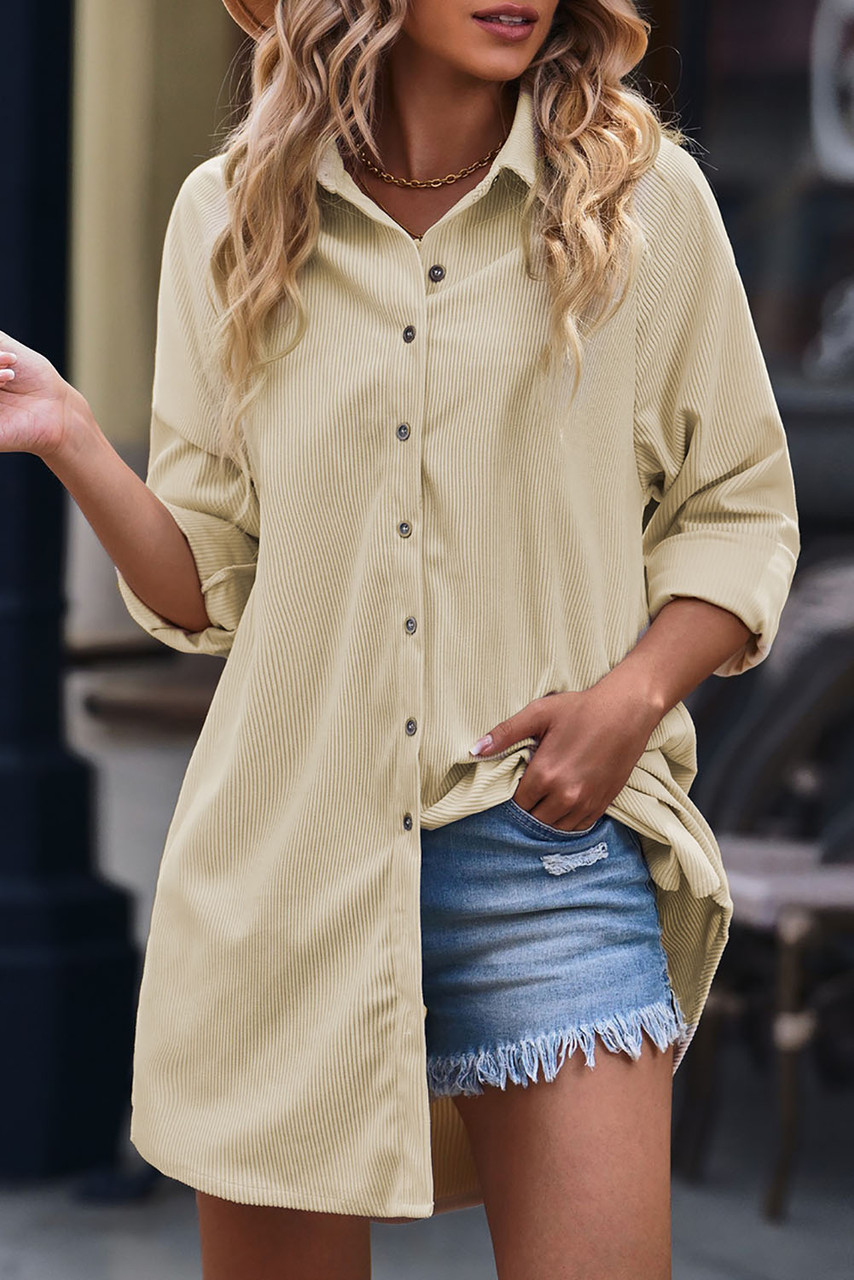 Beige Corduroy Shirt Style Full Button Long Sleeve Shift Mini Dress