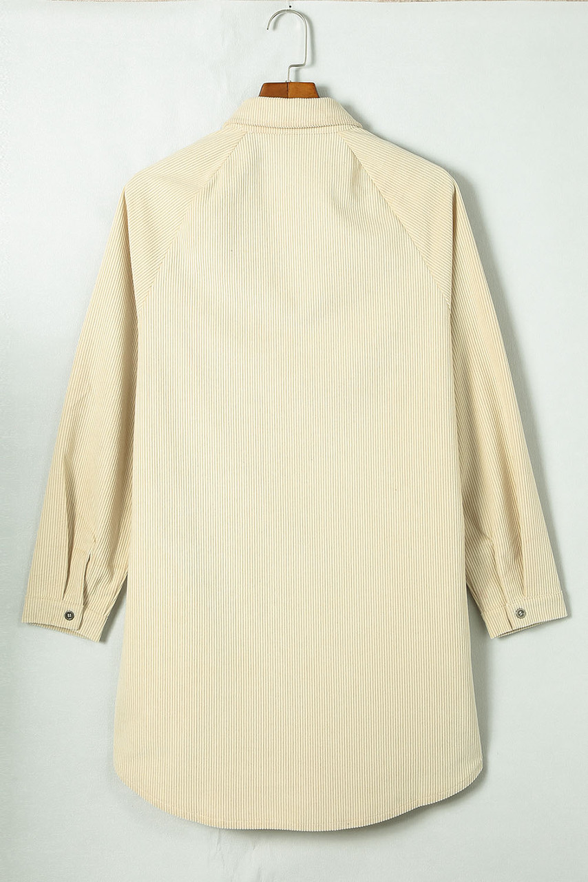 Beige Corduroy Shirt Style Full Button Long Sleeve Shift Mini Dress