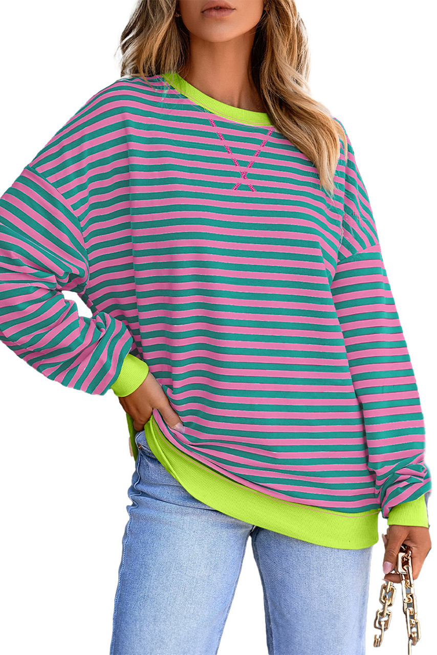 Rose Stripe Contrast Ribbed Trim Crossed Stitch Drop Shoulder Sweatshirt