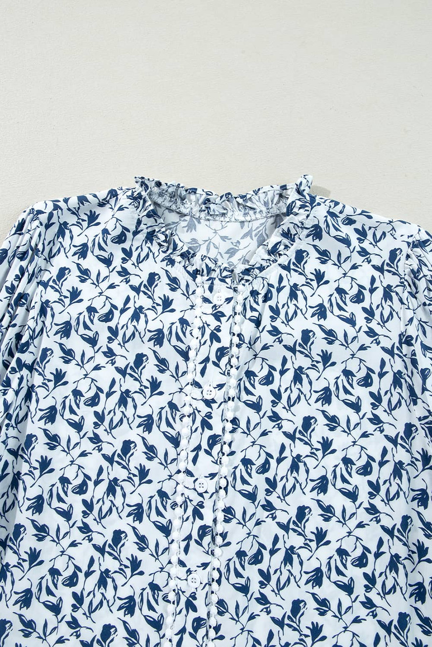 Blue Printed Lace Detail Floral Puff Sleeve Fall Shirt