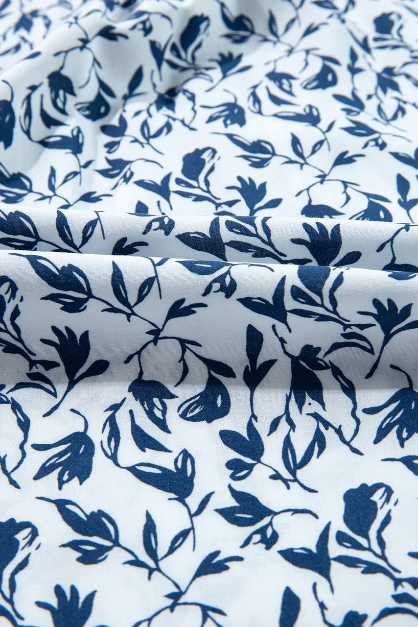 Blue Printed Lace Detail Floral Puff Sleeve Fall Shirt