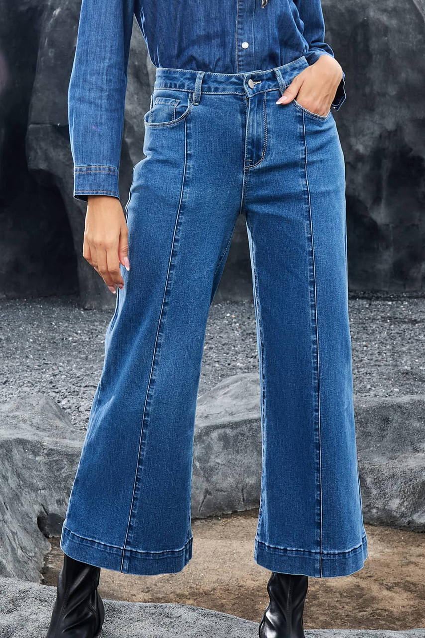 Dark Blue Plain Seam Detail Flared Bottom Ankle Length Jeans Dark Blue Plain Seam Detail Flared Bottom Ankle Length Jeans