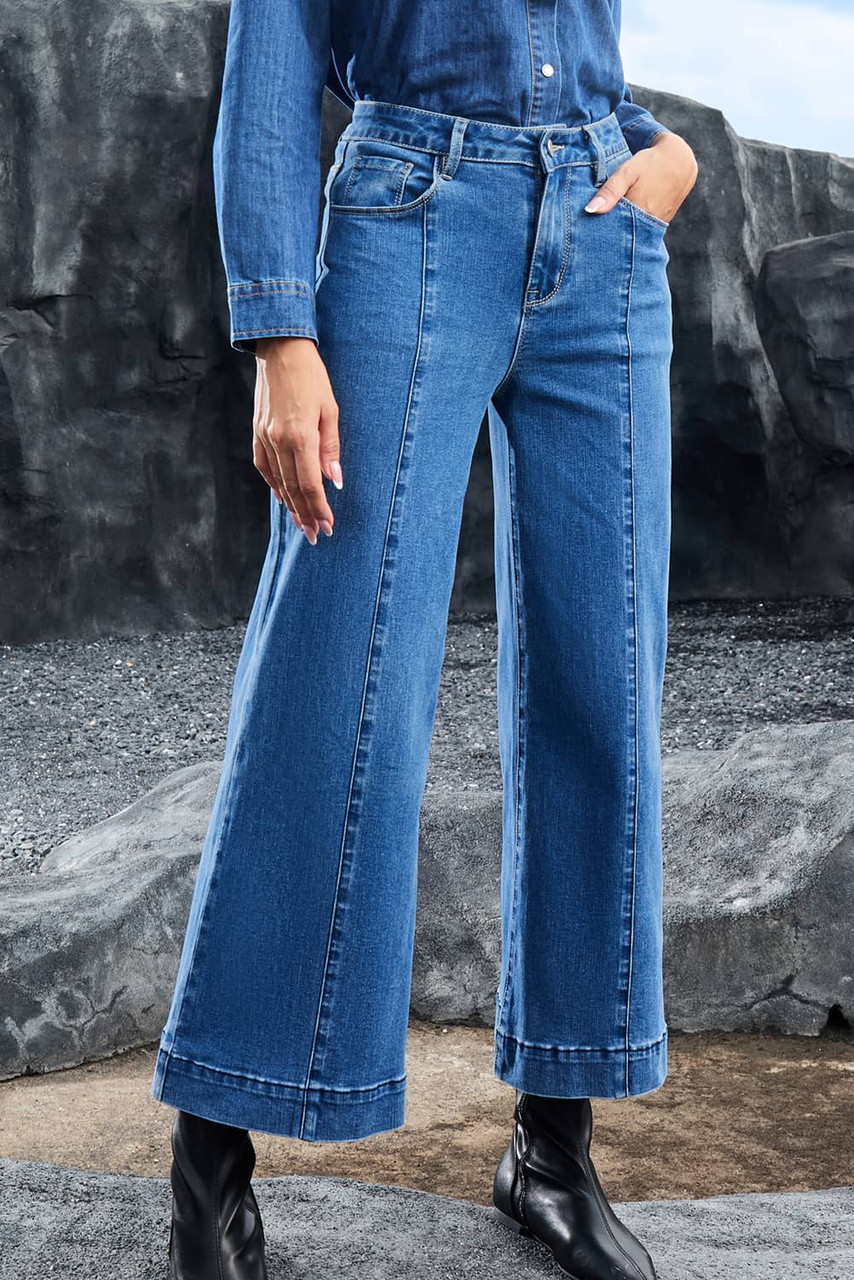Dark Blue Plain Seam Detail Flared Bottom Ankle Length Jeans Dark Blue Plain Seam Detail Flared Bottom Ankle Length Jeans