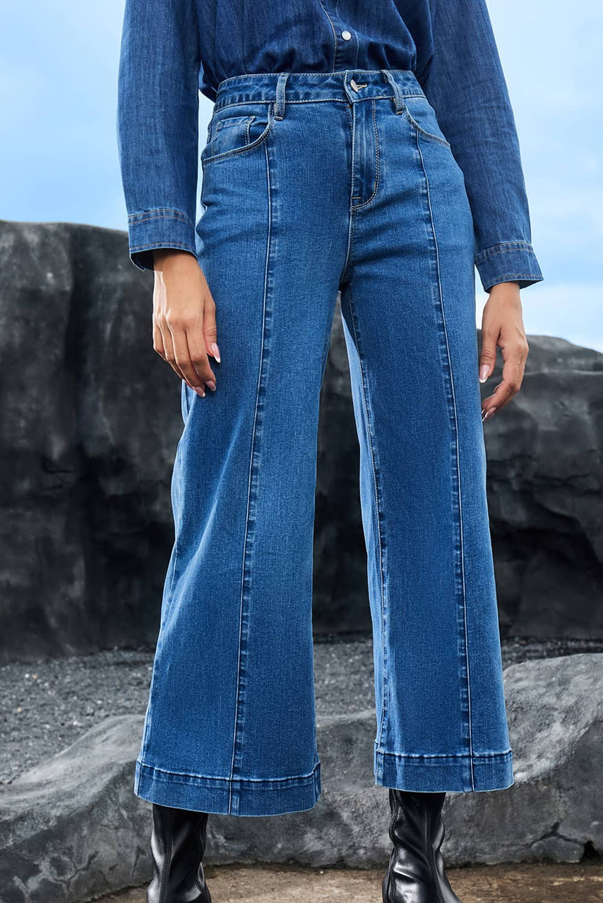 Dark Blue Plain Seam Detail Flared Bottom Ankle Length Jeans Dark Blue Plain Seam Detail Flared Bottom Ankle Length Jeans