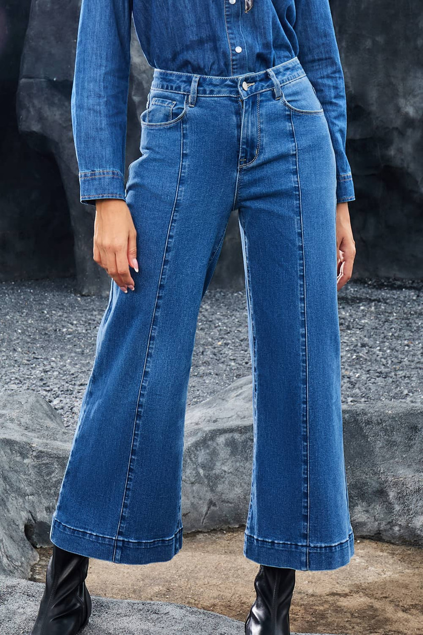 Dark Blue Plain Seam Detail Flared Bottom Ankle Length Jeans Dark Blue Plain Seam Detail Flared Bottom Ankle Length Jeans