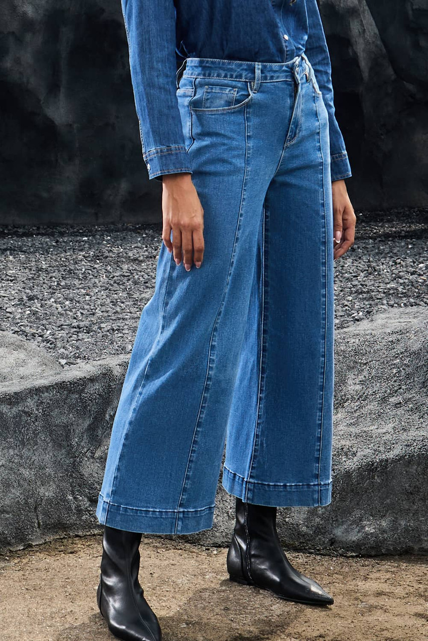 Dark Blue Plain Seam Detail Flared Bottom Ankle Length Jeans Dark Blue Plain Seam Detail Flared Bottom Ankle Length Jeans