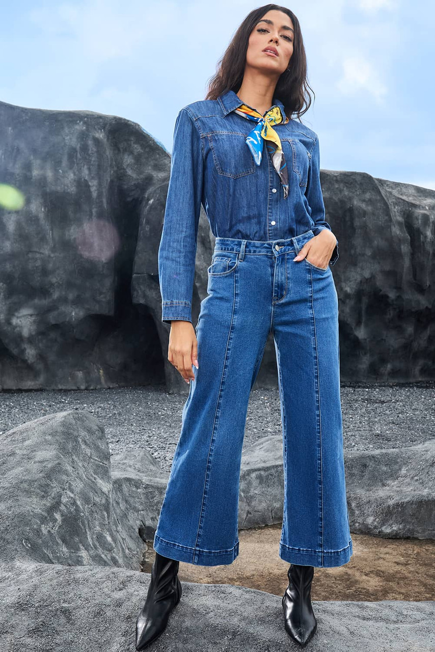 Dark Blue Plain Seam Detail Flared Bottom Ankle Length Jeans Dark Blue Plain Seam Detail Flared Bottom Ankle Length Jeans