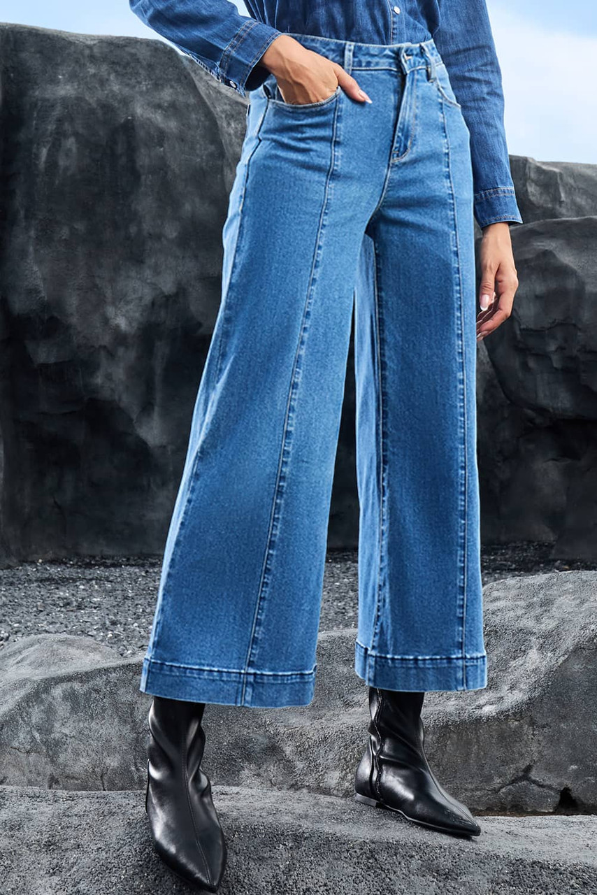 Dark Blue Plain Seam Detail Flared Bottom Ankle Length Jeans Dark Blue Plain Seam Detail Flared Bottom Ankle Length Jeans