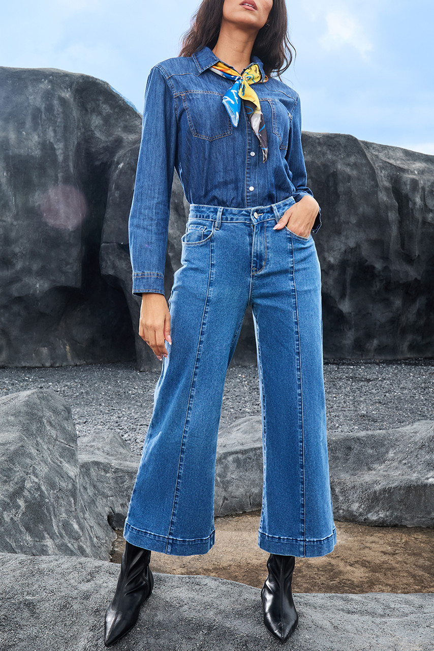 Dark Blue Plain Seam Detail Flared Bottom Ankle Length Jeans