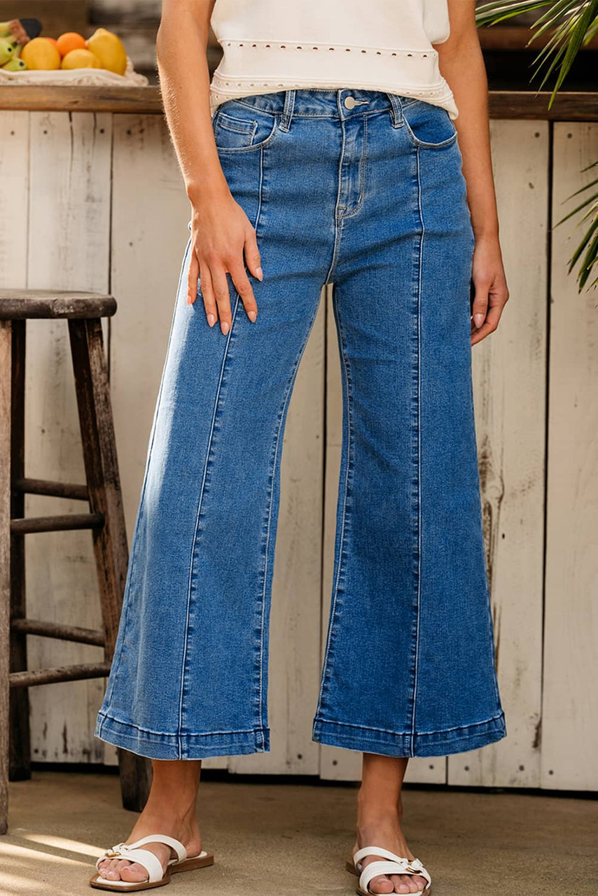 Dark Blue Plain Seam Detail Flared Bottom Ankle Length Jeans Dark Blue Plain Seam Detail Flared Bottom Ankle Length Jeans