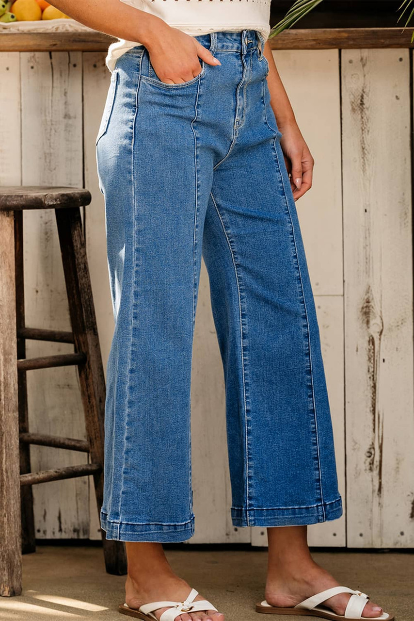 Dark Blue Plain Seam Detail Flared Bottom Ankle Length Jeans Dark Blue Plain Seam Detail Flared Bottom Ankle Length Jeans