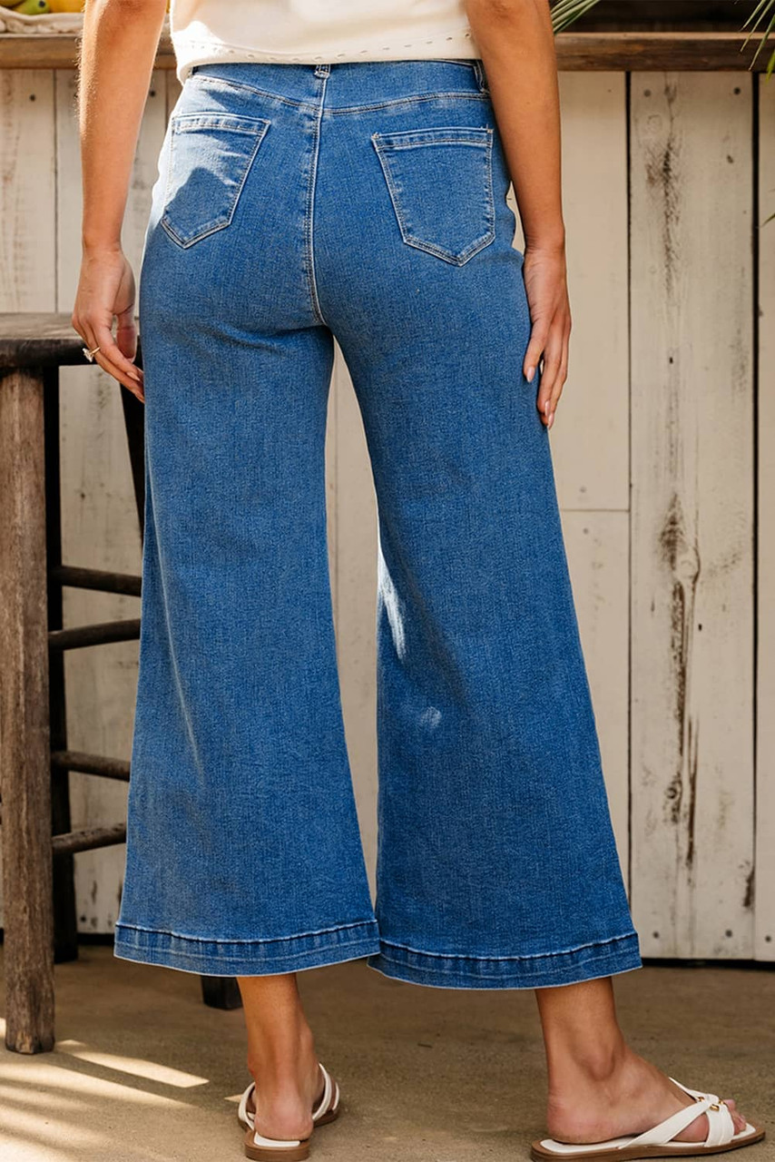 Dark Blue Plain Seam Detail Flared Bottom Ankle Length Jeans Dark Blue Plain Seam Detail Flared Bottom Ankle Length Jeans