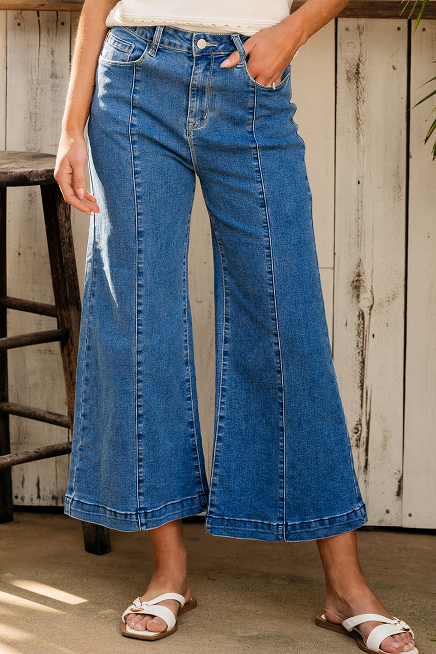 Dark Blue Plain Seam Detail Flared Bottom Ankle Length Jeans