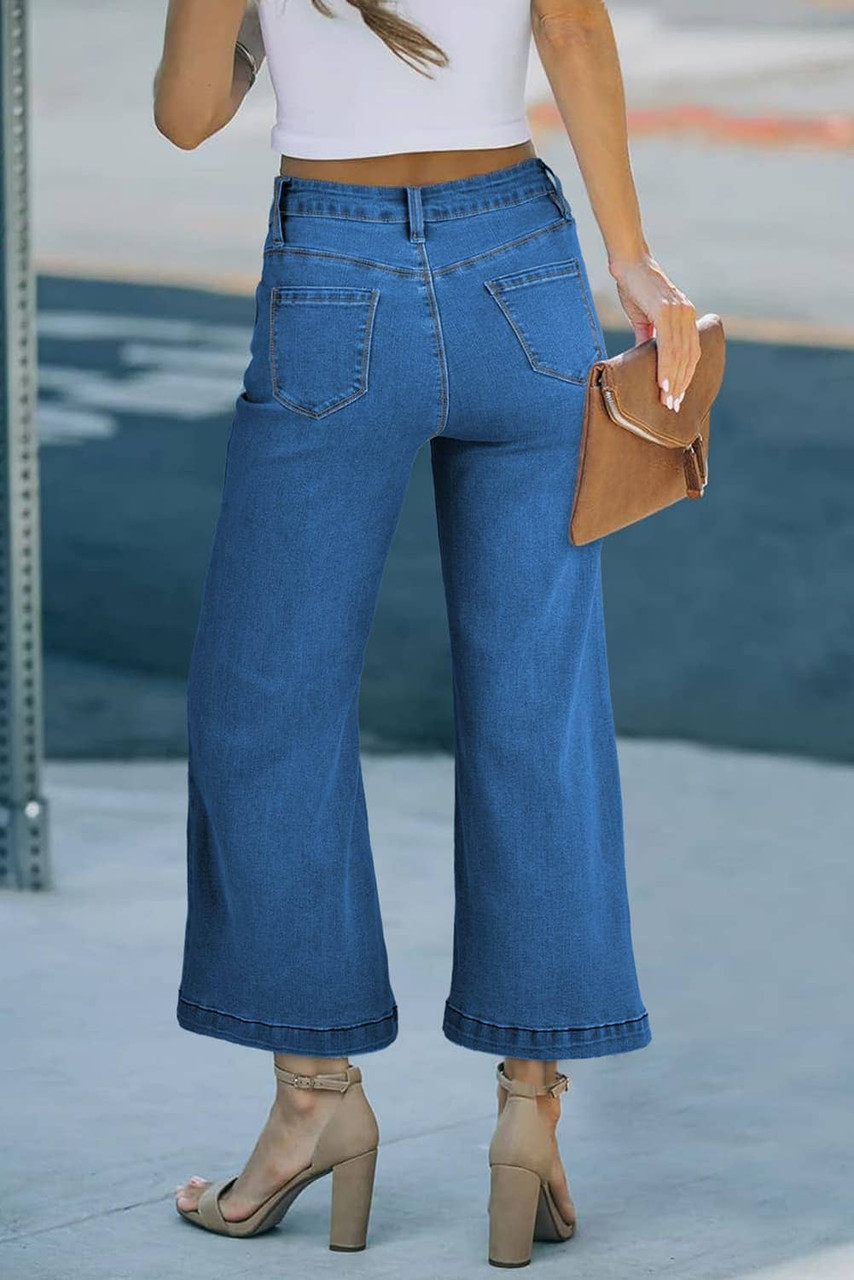 Dark Blue Plain Seam Detail Flared Bottom Ankle Length Jeans Dark Blue Plain Seam Detail Flared Bottom Ankle Length Jeans