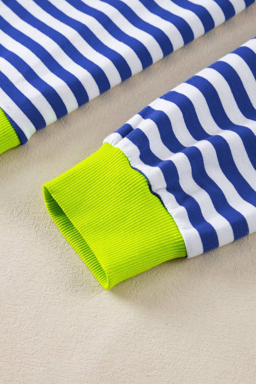 Sky Blue Stripe Striped Contrast Ribbed Trim Drop Shoulder Baggy Sweatshirt