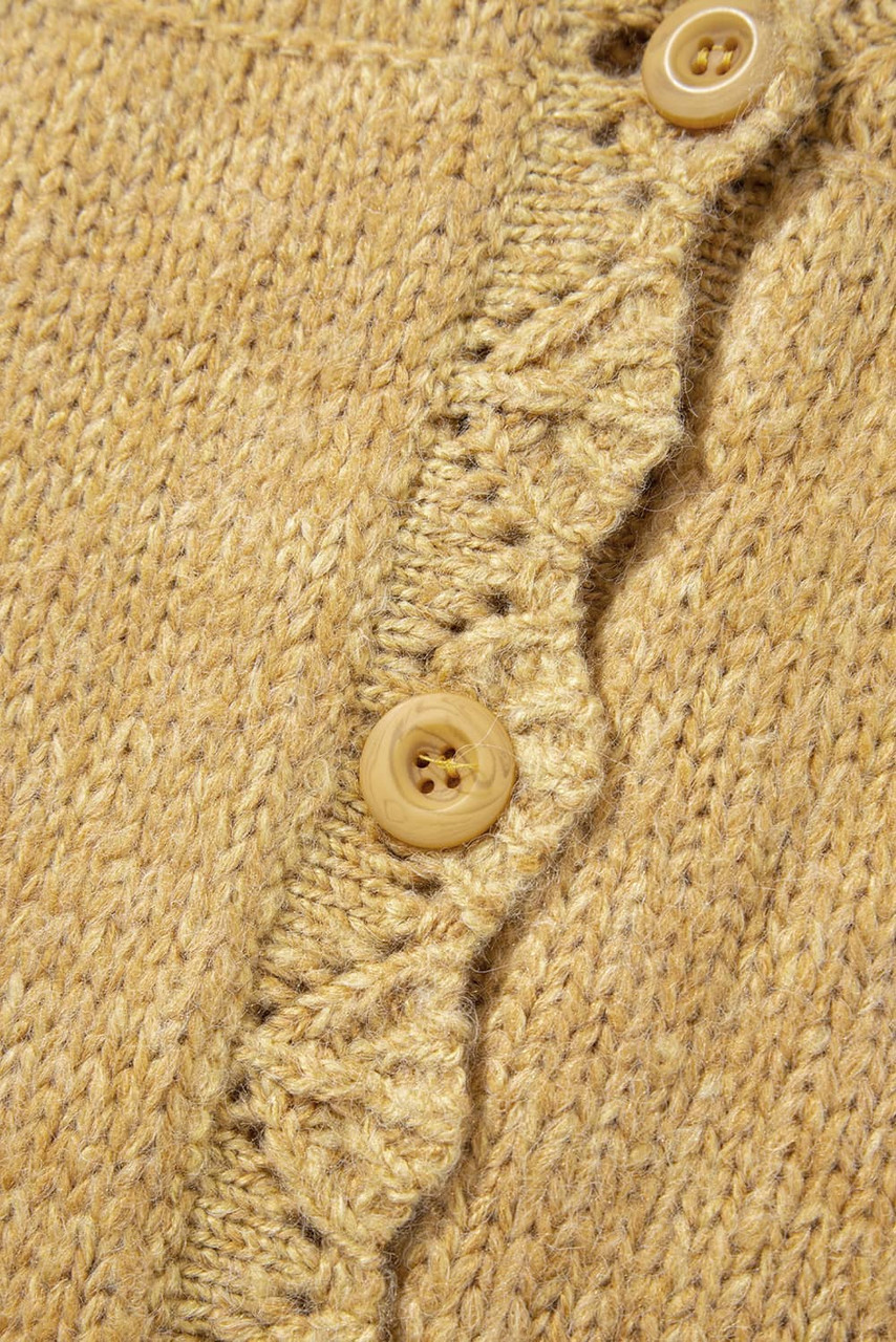 Light French Beige Lantern Sleeve Scallop V Neck Buttoned Front Cardigan