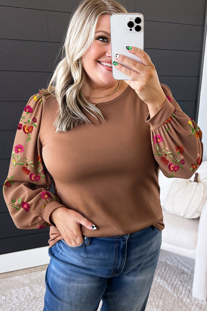 Brown Floral Sleeve Patchwork Round Neck Plus Blouse