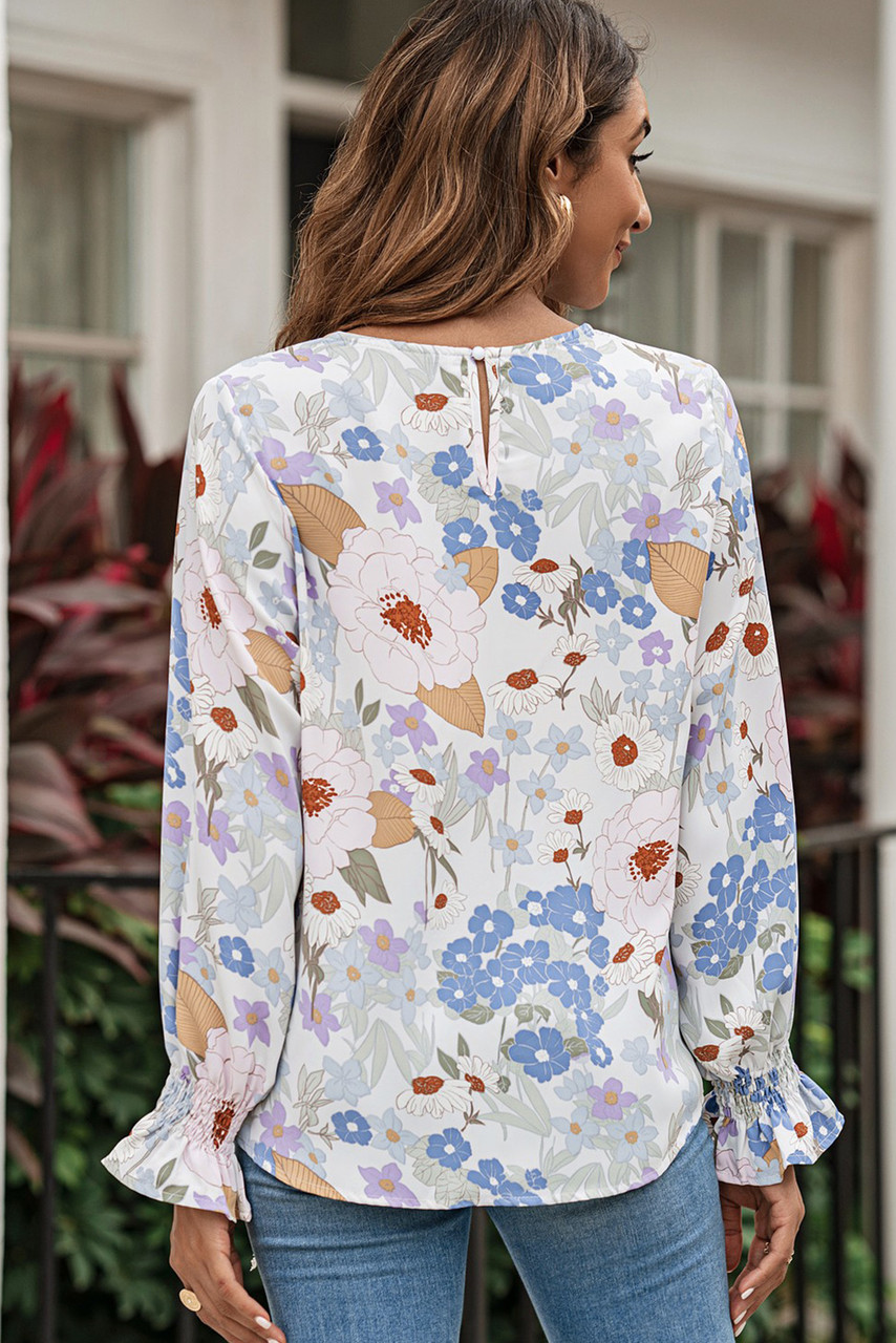 White Floral Print Sweet Lantern Long Sleeve Blouse