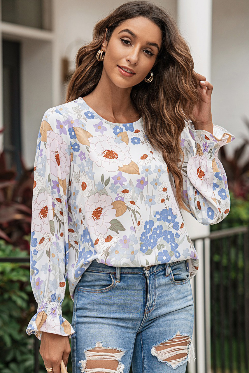 White Floral Print Sweet Lantern Long Sleeve Blouse