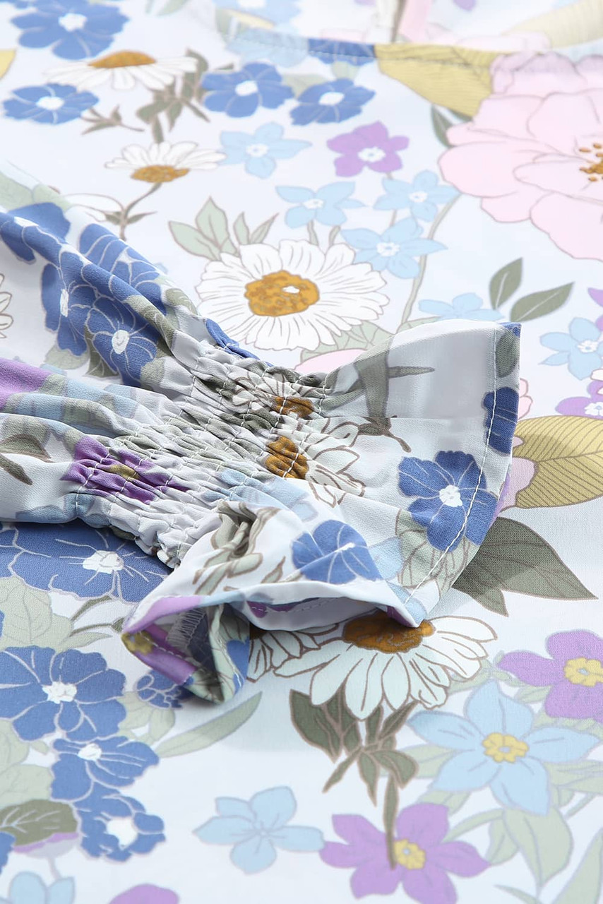 White Floral Print Sweet Lantern Long Sleeve Blouse