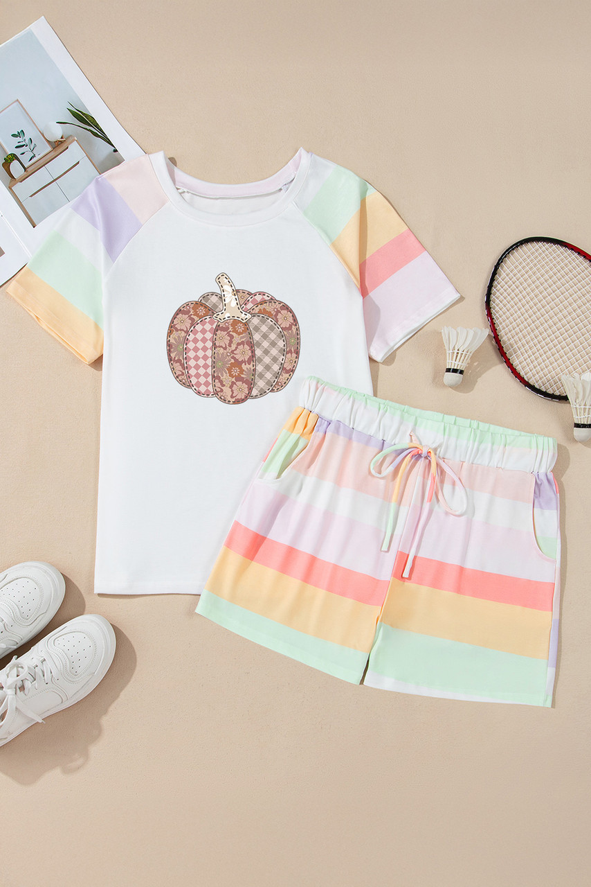 White Pumpkin Graphic Rainbow Rush Shift Tee and Short Loungewear