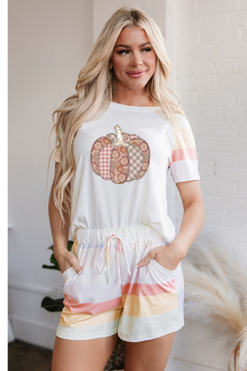 White Pumpkin Graphic Rainbow Rush Shift Tee and Short Loungewear