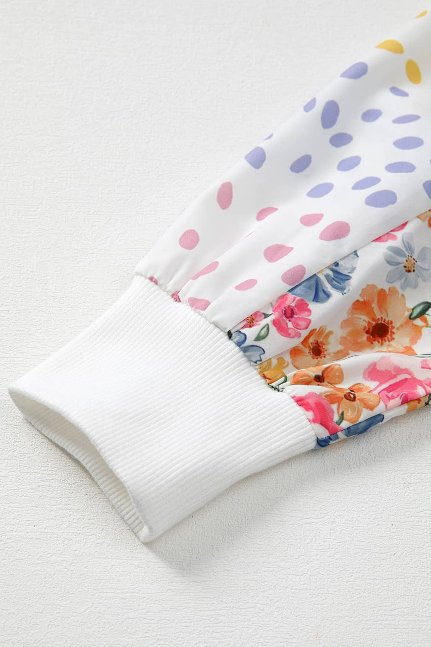 White Floral Dotted Mixed Print Patchwork Sleeve High Low Casual Sweatshirt