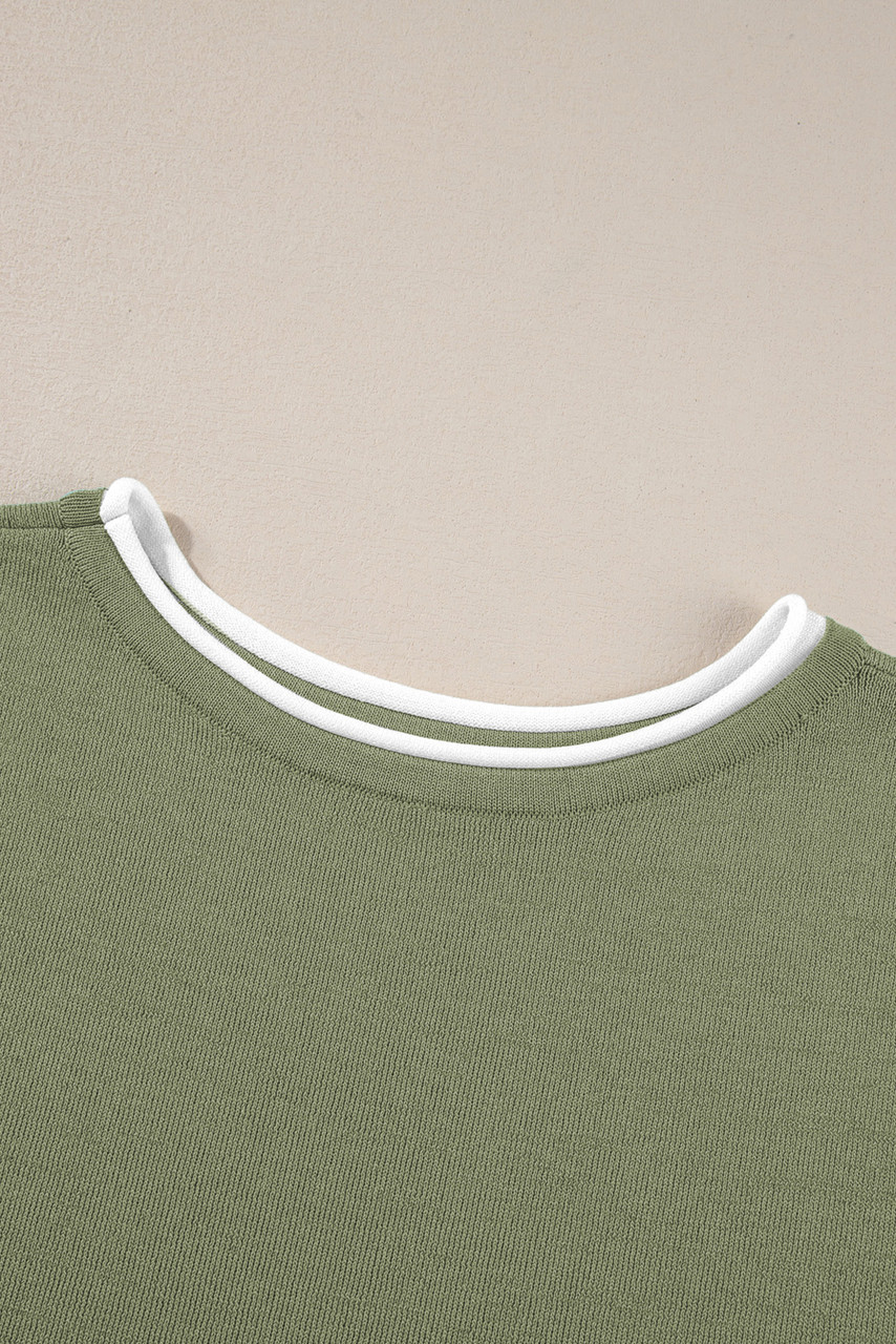 Guacamole Green Contrast Trim Half Sleeve Top Drawstring Pants Loose 2pcs Sweater Suit