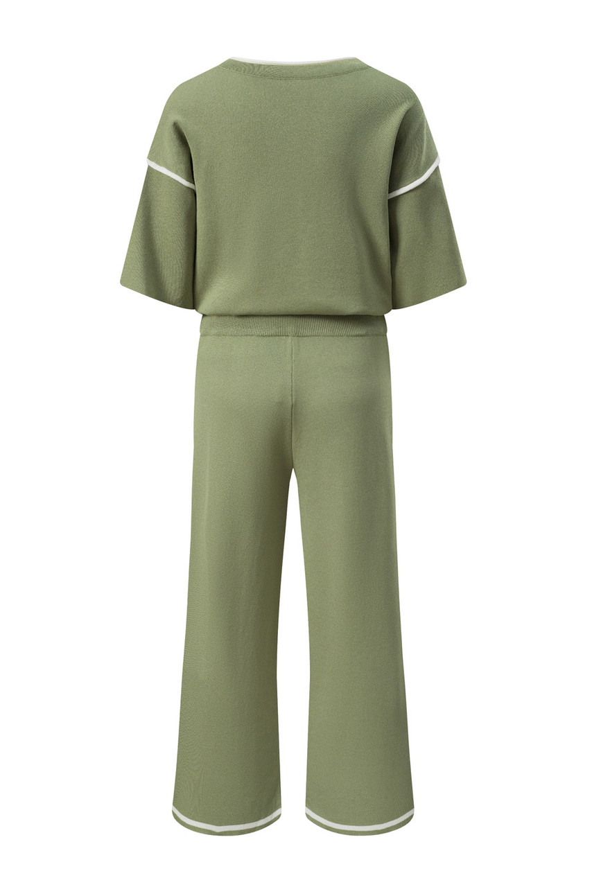 Guacamole Green Contrast Trim Half Sleeve Top Drawstring Pants Loose 2pcs Sweater Suit
