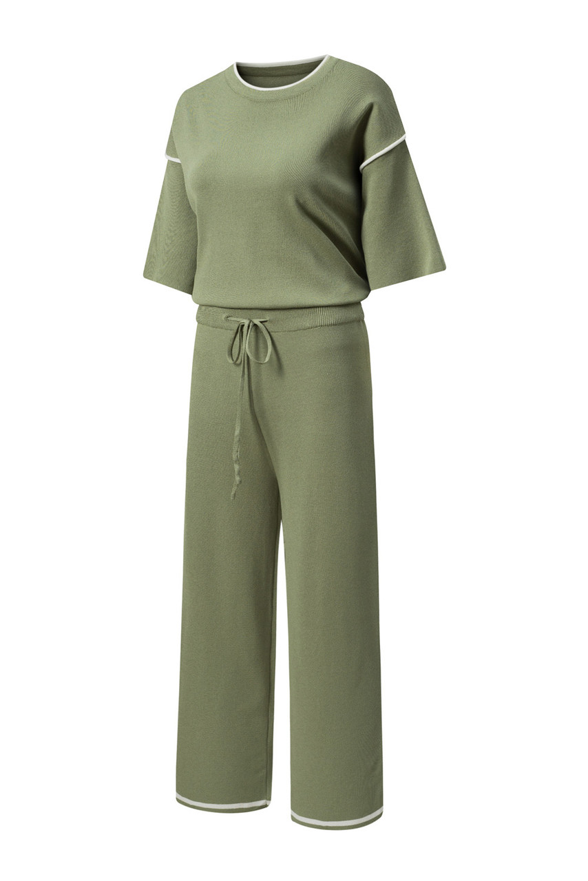 Guacamole Green Contrast Trim Half Sleeve Top Drawstring Pants Loose 2pcs Sweater Suit