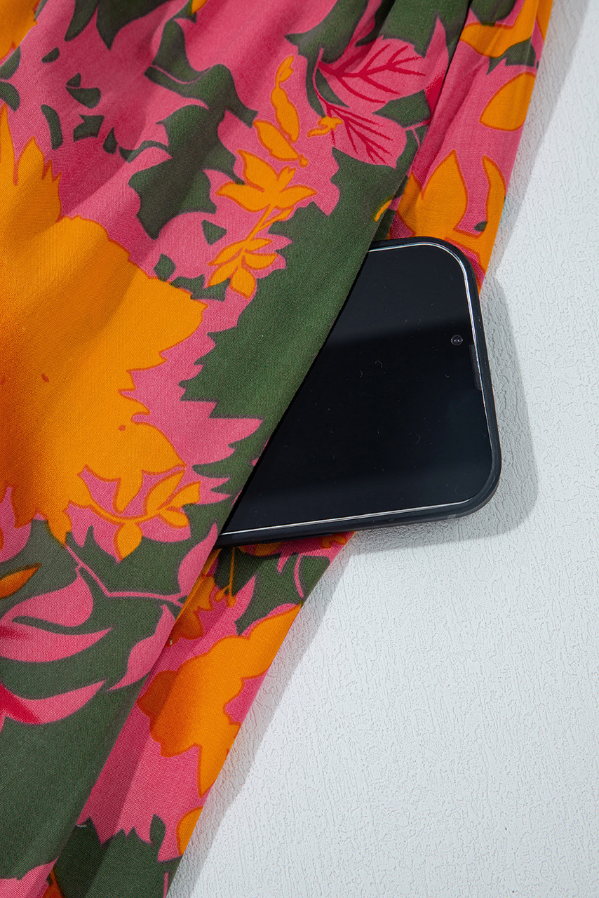 Orange Floral Puff Sleeve Smocked Bodice Ruffled Long Dress