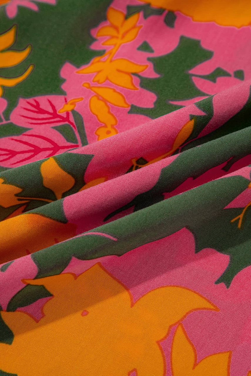 Orange Floral Puff Sleeve Smocked Bodice Ruffled Long Dress