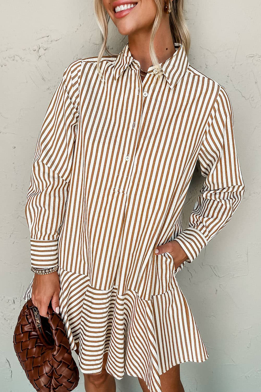 Brown Stripe Ruffled Hem Collared Long Sleeve Shirt Mini Dress Brown Stripe Ruffled Hem Collared Long Sleeve Shirt Mini Dress