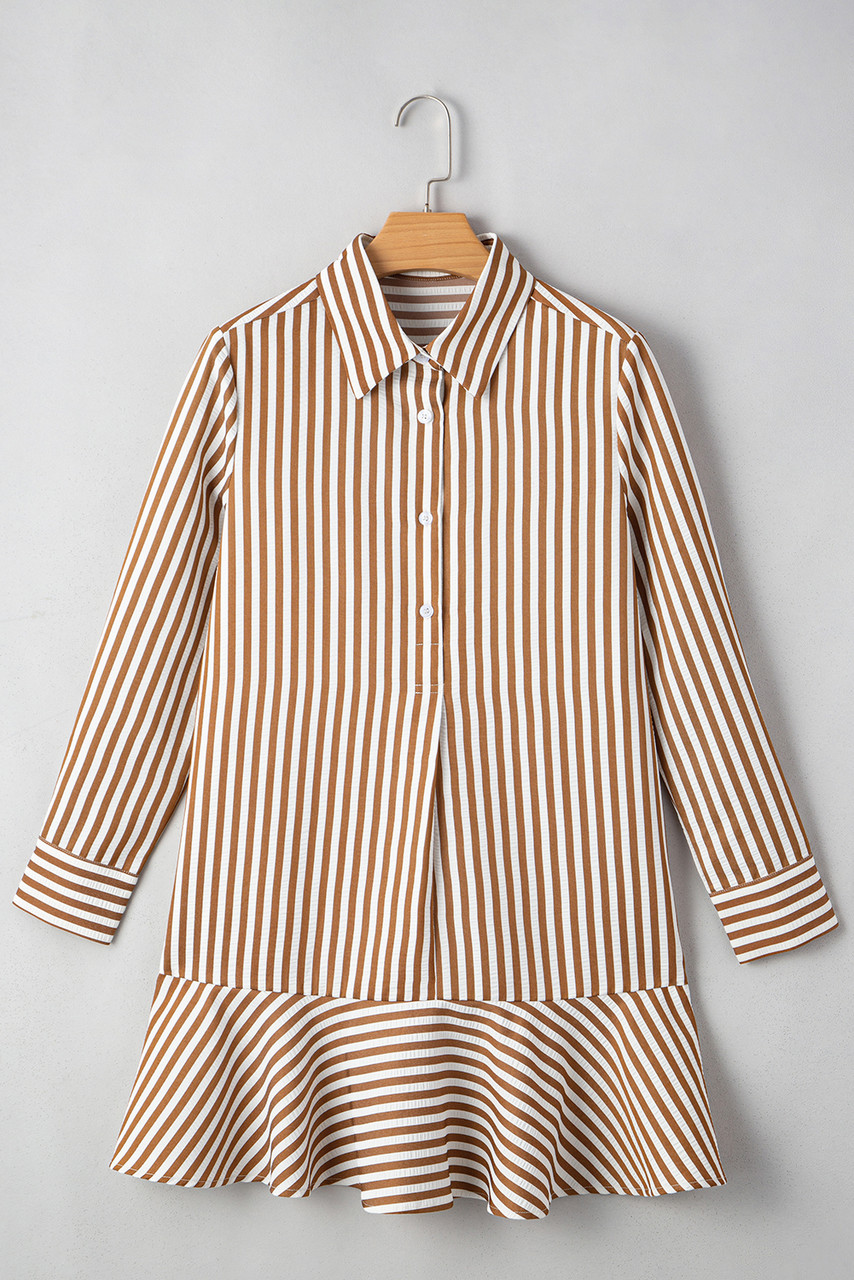 Brown Stripe Ruffled Hem Collared Long Sleeve Shirt Mini Dress Brown Stripe Ruffled Hem Collared Long Sleeve Shirt Mini Dress