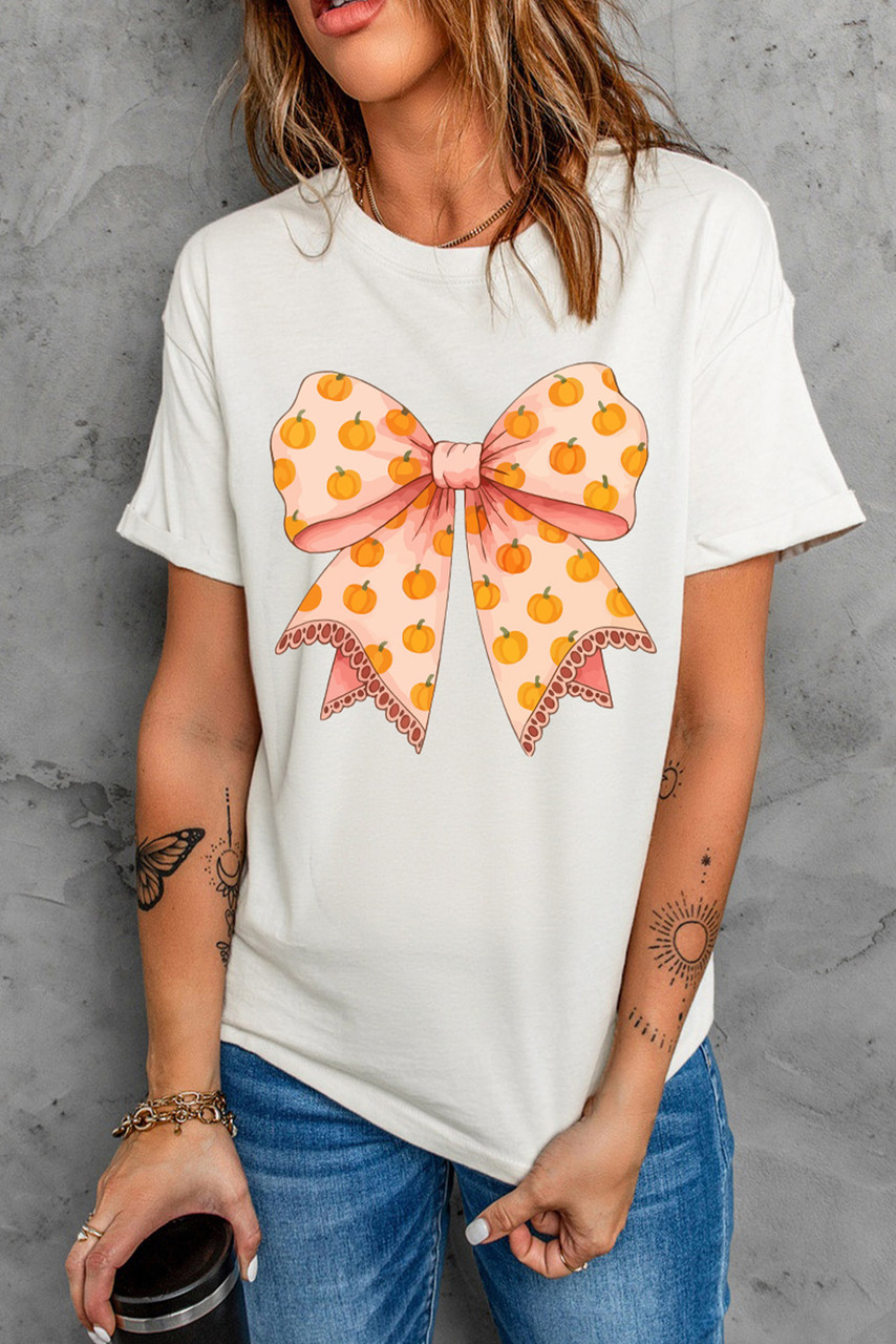 White Pumpkin Bow Print Thanksgiving T Shirt