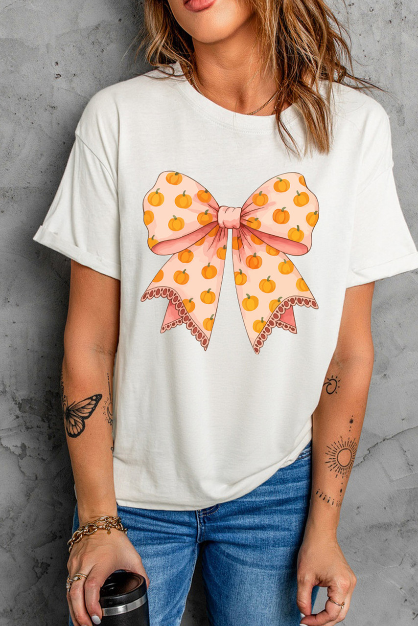 White Pumpkin Bow Print Thanksgiving T Shirt